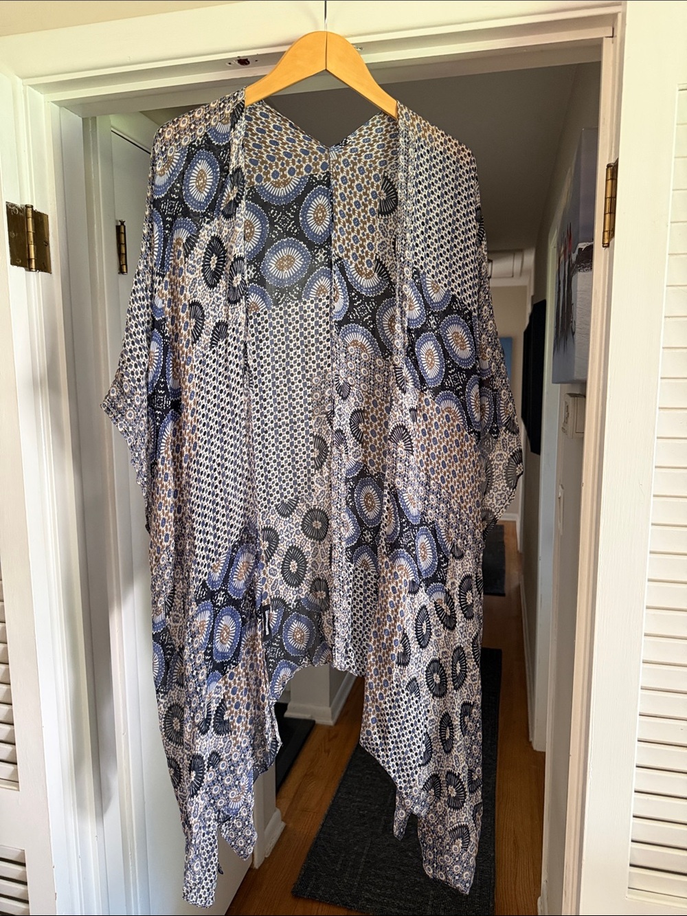 Blue and Tan Geometric Kimono Cover-Up